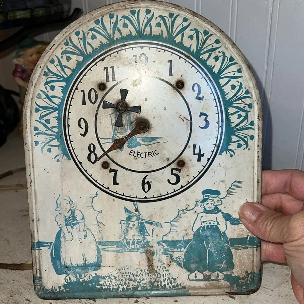 Antique Electric Blue Delft windmill Holland Dutch wall clock metal